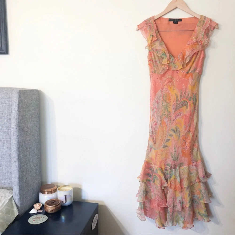 ralph lauren silk floral dress 100% Yellow Tulip Mini (S-M) sororit crinkled skirt for a flowy silhouette NEW$189/LAUREN RALPH LAUREN/SZ.8/100% SILK/FLORAL/MIDI DRESS/RUFFLE